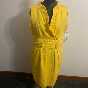 Julian Taylor Yellow sleeveless wrap front ruffle neckline dress, size 14